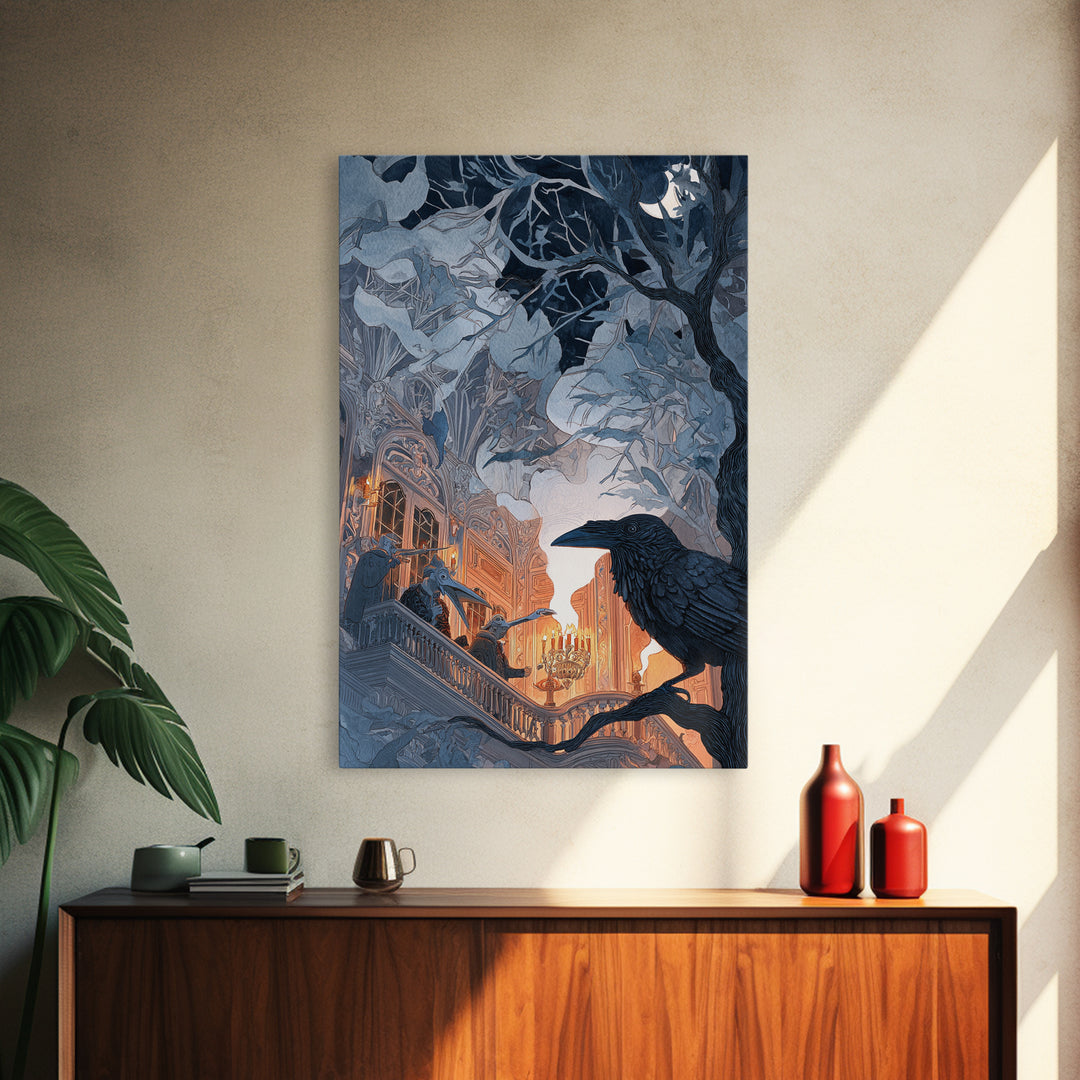 The Raven-Masked Ballroom - Icon Portrait, Macabre Halloween Art, Vertical Wall Art, Framed Canvas Print, Halloween Home Decor