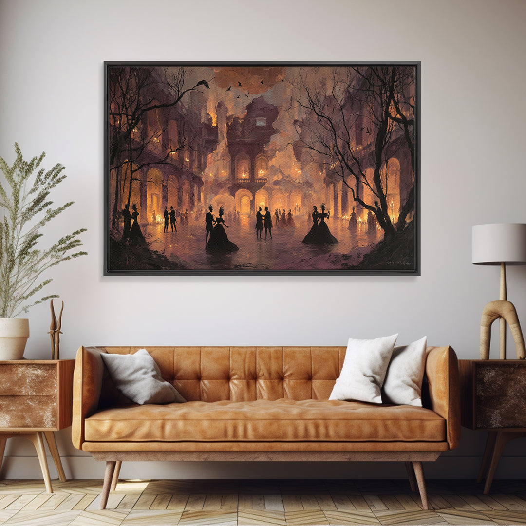 The Raven-Masked Ballroom - Environmental Panorama, Occult Wall Decor, Landscape Wall Art, Canvas Print, Halloween Home Decor