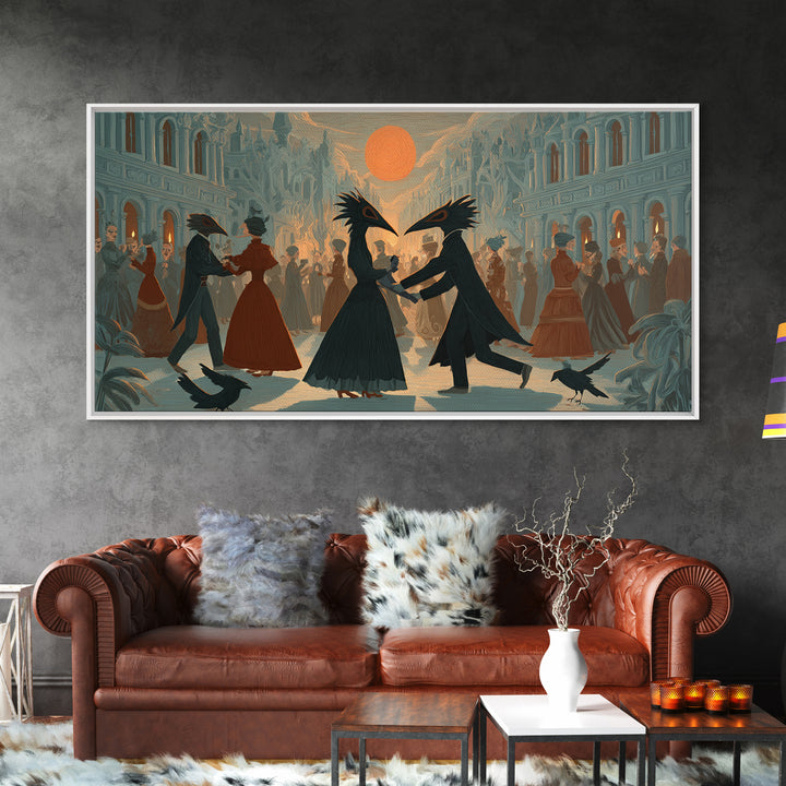 The Raven-Masked Ballroom - Environmental Panorama, Macabre Halloween Art, Wide Panoramic Art, Framed Canvas Print, Halloween Home Decor