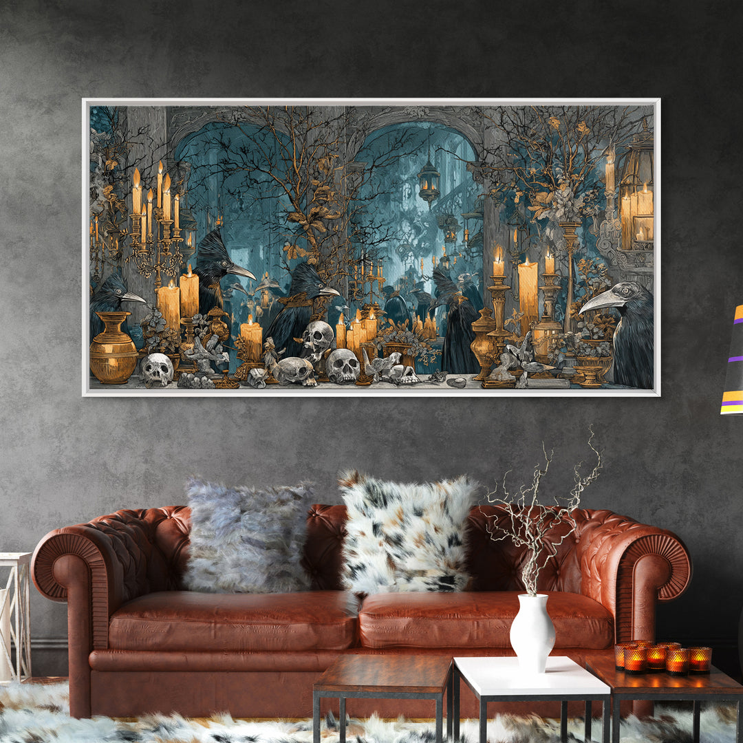 The Raven-Masked Ballroom - Occult Still Life, Halloween Wall Art, Wide Panoramic Art, Framed Canvas Print, Halloween Home Decor