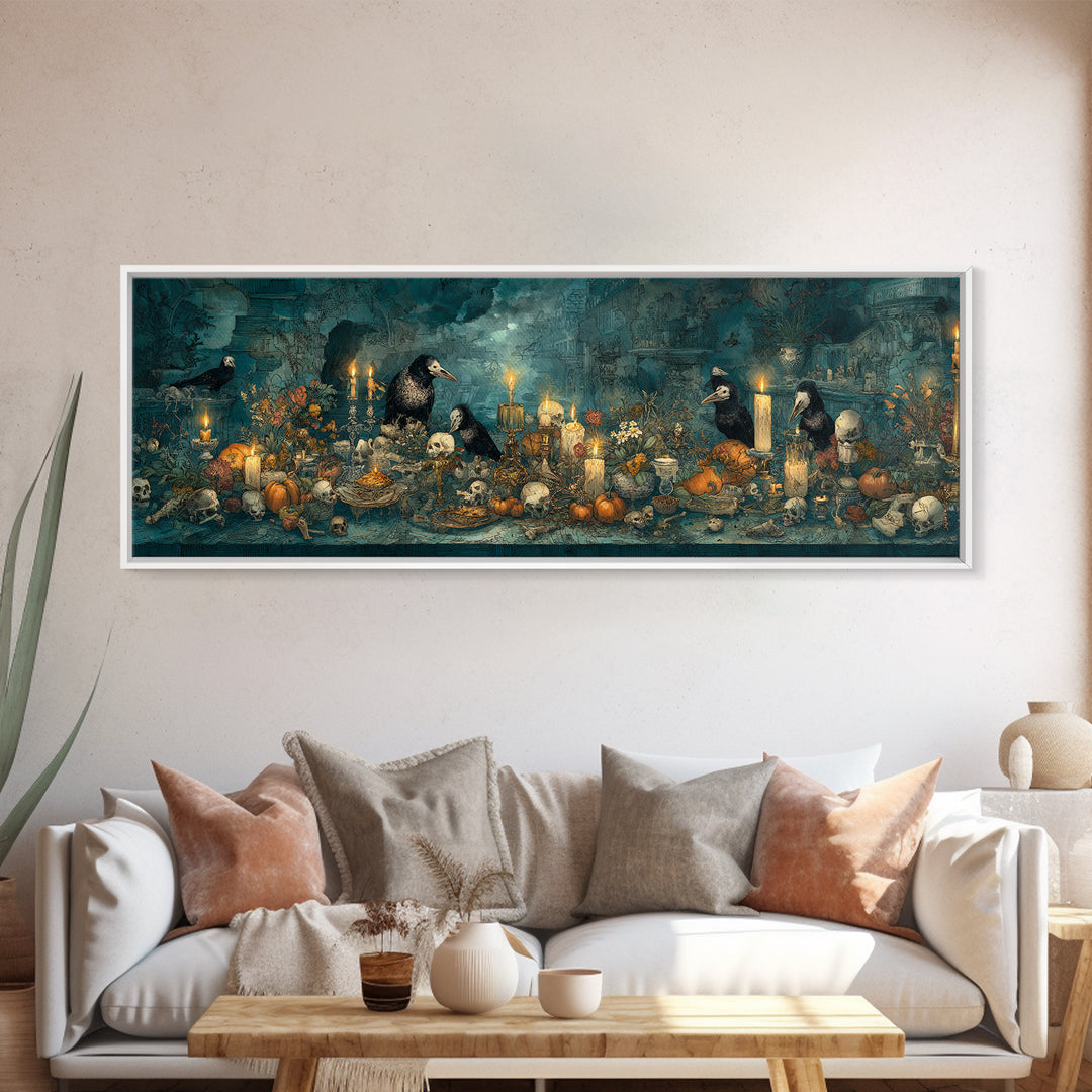 The Raven-Masked Ballroom - Occult Still Life, Halloween Wall Art, Extra Wide Wall Art, Framed Canvas Print, Halloween Home Decor