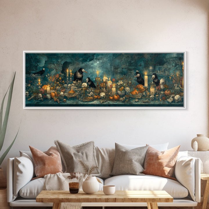 The Raven-Masked Ballroom - Occult Still Life, Halloween Wall Art, Extra Wide Wall Art, Framed Canvas Print, Halloween Home Decor