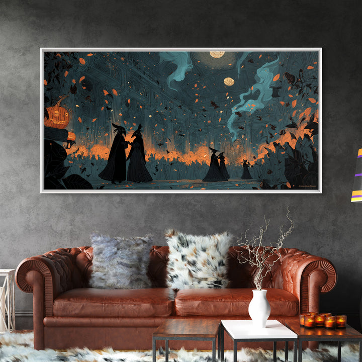 The Raven-Masked Ballroom - Procession Scene, Spooky Wall Decor, Wide Panoramic Art, Framed Canvas Print, Halloween Home Decor