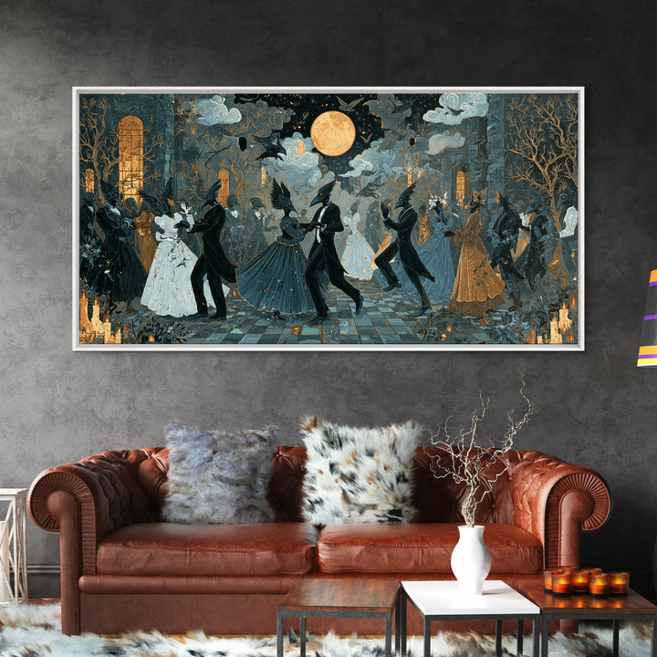 The Raven-Masked Ballroom - Surreal Celestial Vision, Occult Wall Decor, Wide Panoramic Art, Canvas Print, Halloween Home Decor