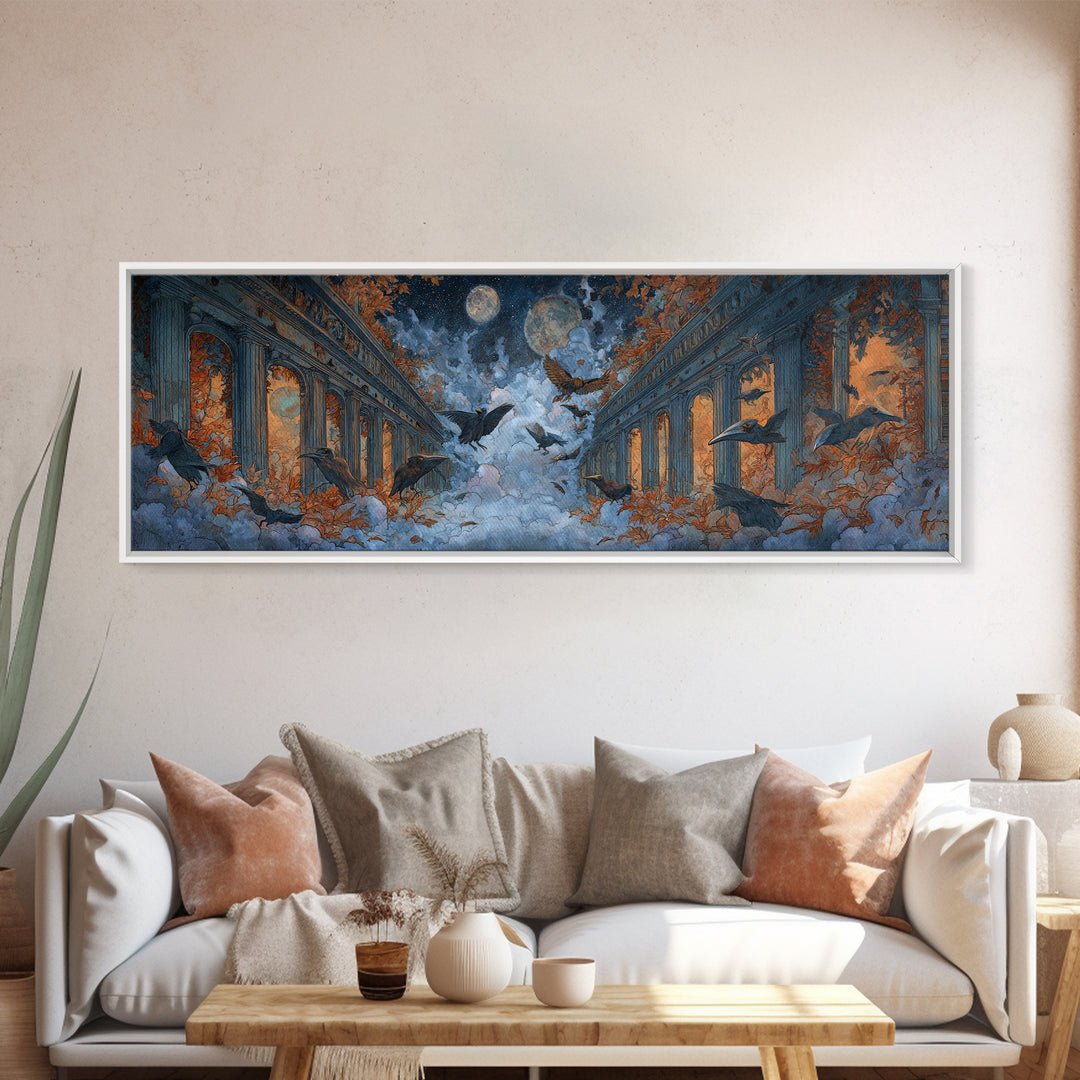 The Raven-Masked Ballroom - Surreal Celestial Vision, Dark Fantasy Wall Art, Extra Wide Wall Art, Canvas Print, Halloween Home Decor