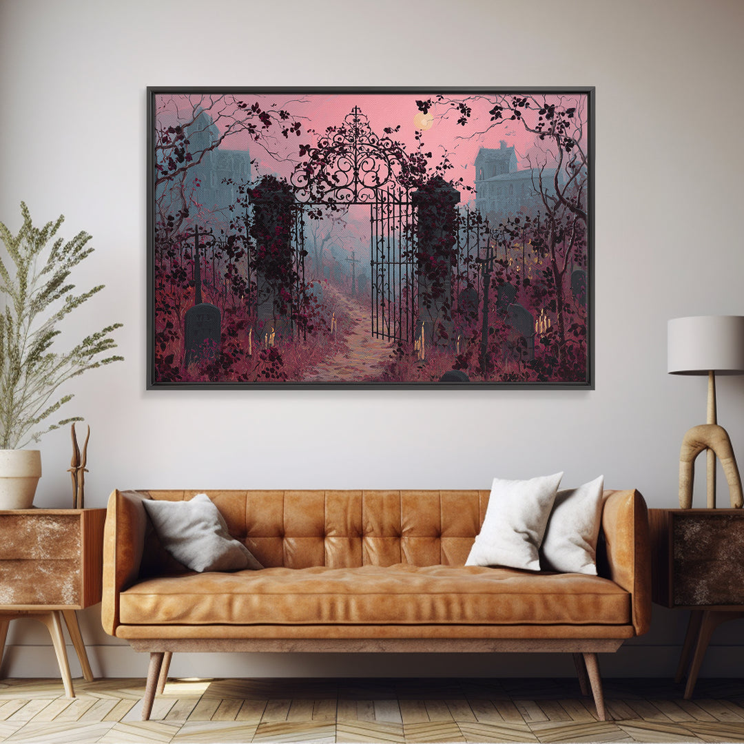The Black Rose Cemetery Gate - Environmental Panorama, Macabre Halloween Art, Landscape Wall Art, Framed Canvas Print, Halloween Home Decor
