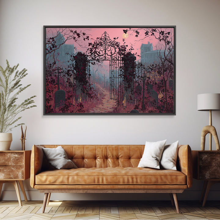 The Black Rose Cemetery Gate - Environmental Panorama, Macabre Halloween Art, Landscape Wall Art, Framed Canvas Print, Halloween Home Decor