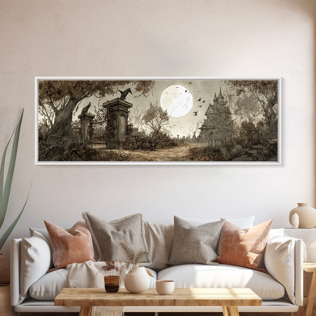 The Black Rose Cemetery Gate - Environmental Panorama, Macabre Halloween Art, Extra Wide Wall Art, Framed Canvas Print, Halloween Home Decor