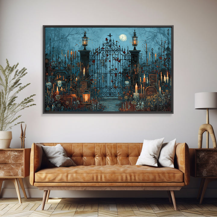 The Black Rose Cemetery Gate - Occult Still Life, Macabre Halloween Art, Landscape Wall Art, Framed Canvas Print, Halloween Home Decor