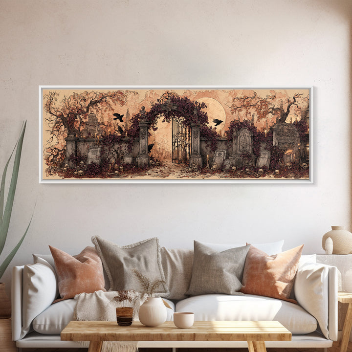 The Black Rose Cemetery Gate - Occult Still Life, Spooky Wall Decor, Extra Wide Wall Art, Framed Canvas Print, Halloween Home Decor