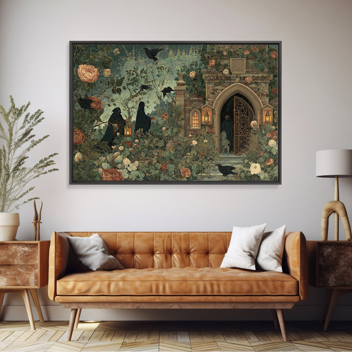 The Black Rose Cemetery Gate - Procession Scene, Macabre Halloween Art, Landscape Wall Art, Framed Canvas Print, Halloween Home Decor