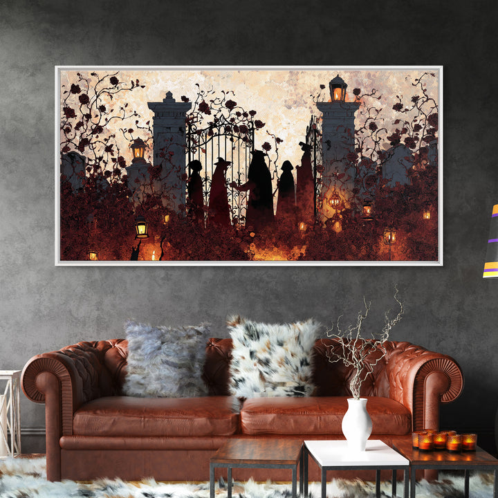The Black Rose Cemetery Gate - Procession Scene, Spooky Wall Decor, Wide Panoramic Art, Framed Canvas Print, Halloween Home Decor