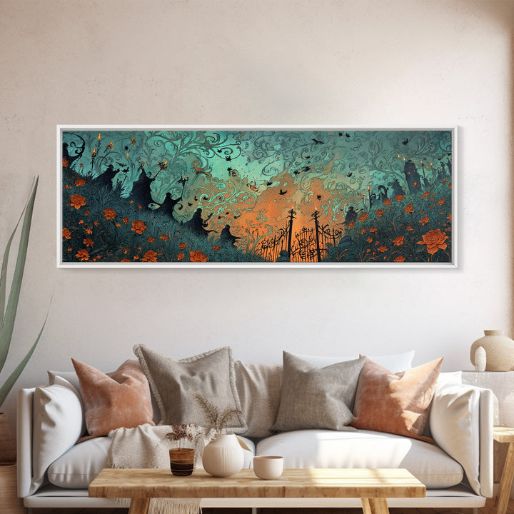 The Black Rose Cemetery Gate - Procession Scene, Dark Fantasy Wall Art, Extra Wide Wall Art, Canvas Print, Halloween Home Decor