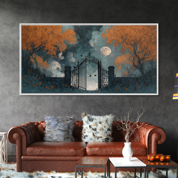 The Black Rose Cemetery Gate - Surreal Celestial Vision, Occult Wall Decor, Wide Panoramic Art, Canvas Print, Halloween Home Decor