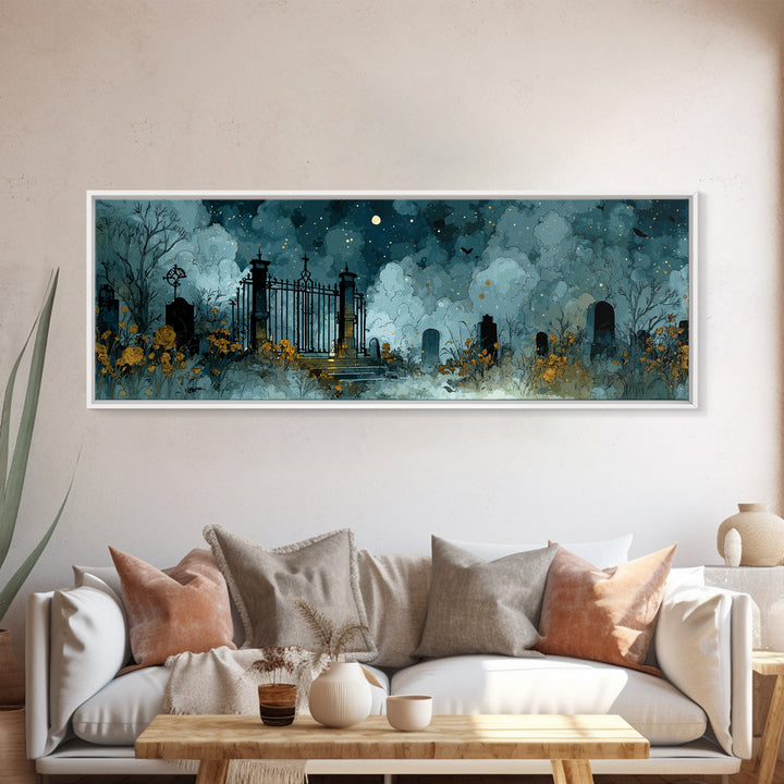 The Black Rose Cemetery Gate - Surreal Celestial Vision, Halloween Wall Art, Extra Wide Wall Art, Framed Canvas Print, Halloween Home Decor