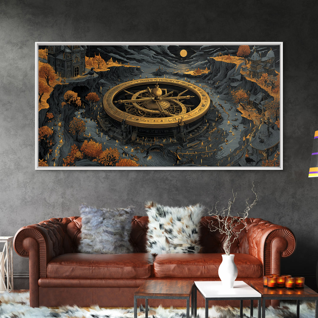 The Cursed Astrolabe - Environmental Panorama, Spooky Wall Decor, Wide Panoramic Art, Framed Canvas Print, Halloween Home Decor