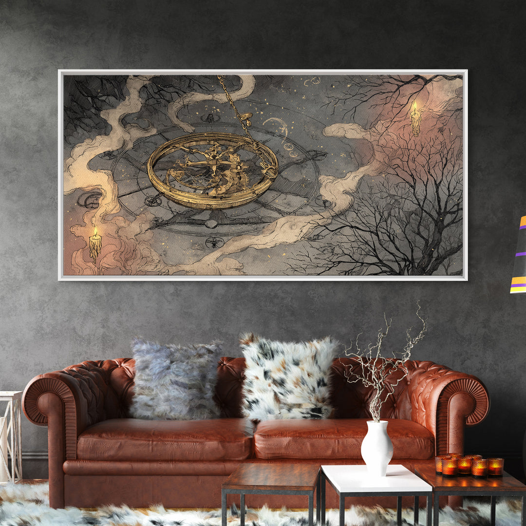 The Cursed Astrolabe - Surreal Celestial Vision, Halloween Wall Art, Wide Panoramic Art, Framed Canvas Print, Halloween Home Decor