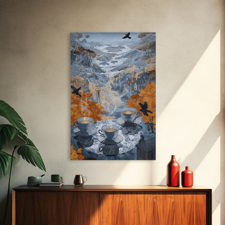 The Haunted Teacup Seance - Environmental Panorama, Spooky Wall Decor, Vertical Wall Art, Framed Canvas Print, Halloween Home Decor
