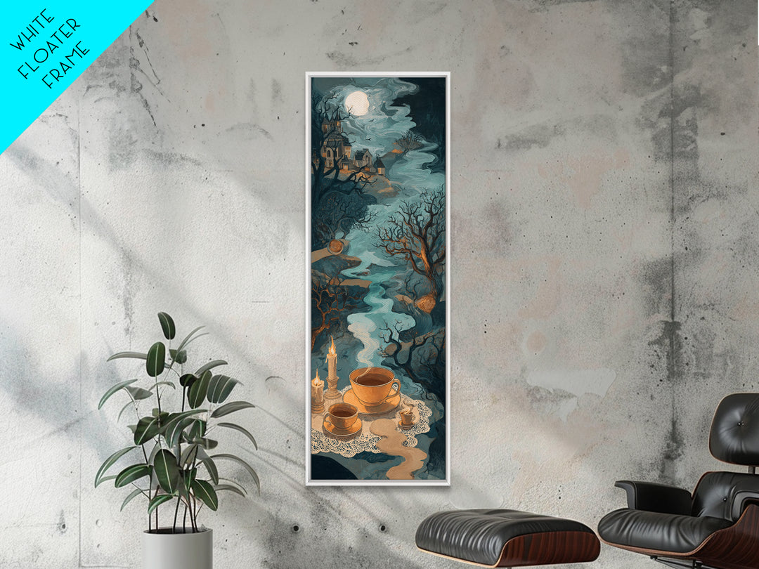 The Haunted Teacup Seance - Environmental Panorama, Spooky Wall Decor, Tall Narrow Wall Art, Framed Canvas Print, Halloween Home Decor