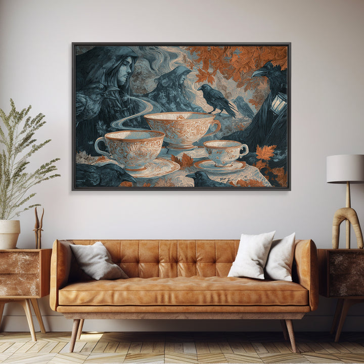 The Haunted Teacup Seance - Procession Scene, Macabre Halloween Art, Landscape Wall Art, Framed Canvas Print, Halloween Home Decor
