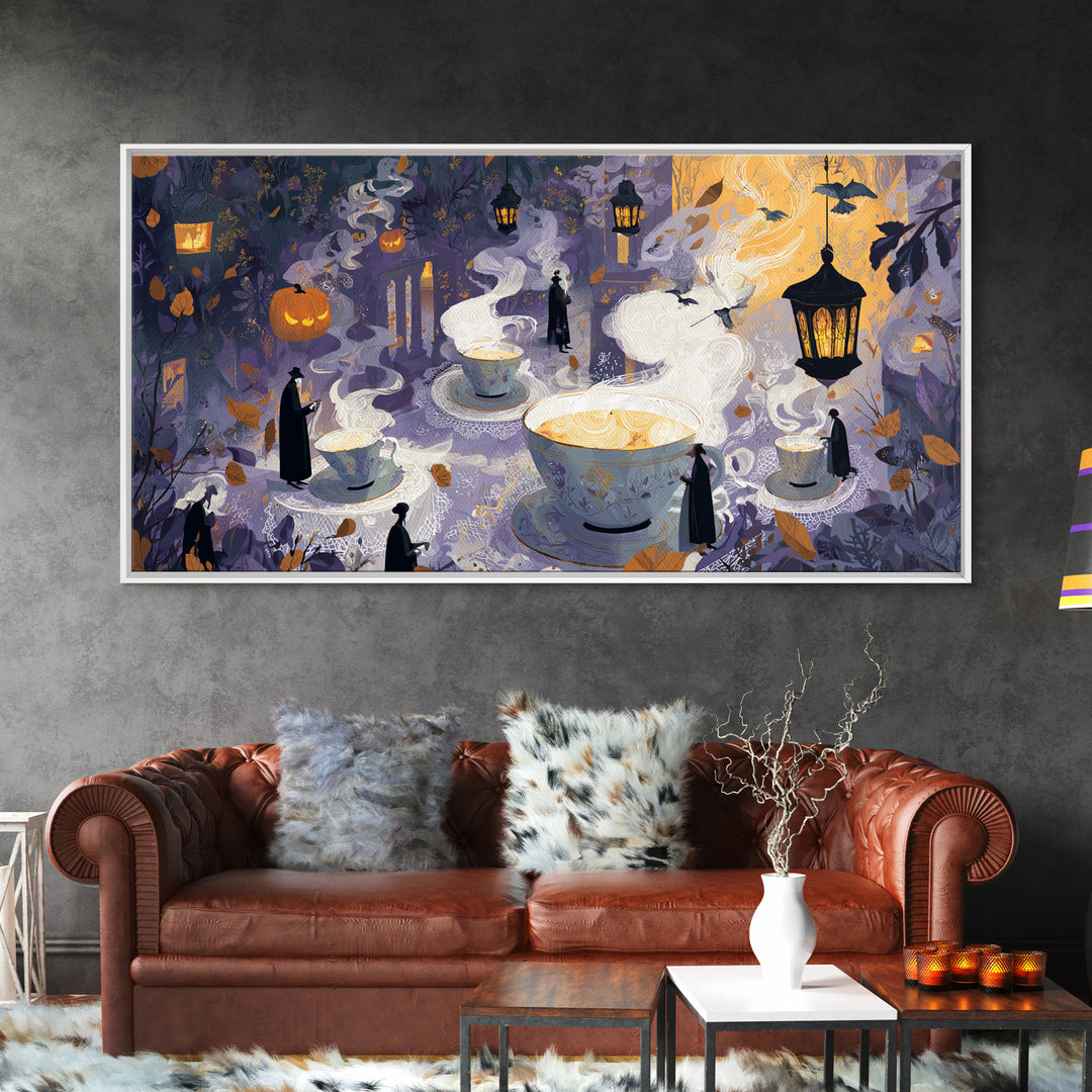 The Haunted Teacup Seance - Procession Scene, Dark Fantasy Wall Art, Wide Panoramic Art, Canvas Print, Halloween Home Decor, Gothic Wall Art