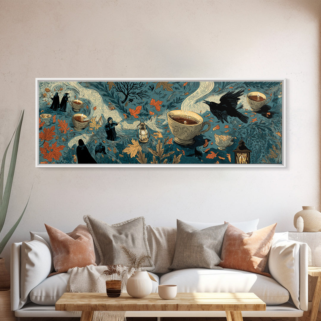 The Haunted Teacup Seance - Procession Scene, Occult Wall Decor, Extra Wide Wall Art, Canvas Print, Halloween Home Decor, Gothic Wall Art
