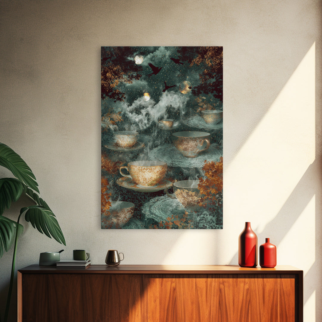 The Haunted Teacup Seance - Surreal Celestial Vision, Gothic Home Decor, Vertical Wall Art, Canvas Print, Halloween Home Decor