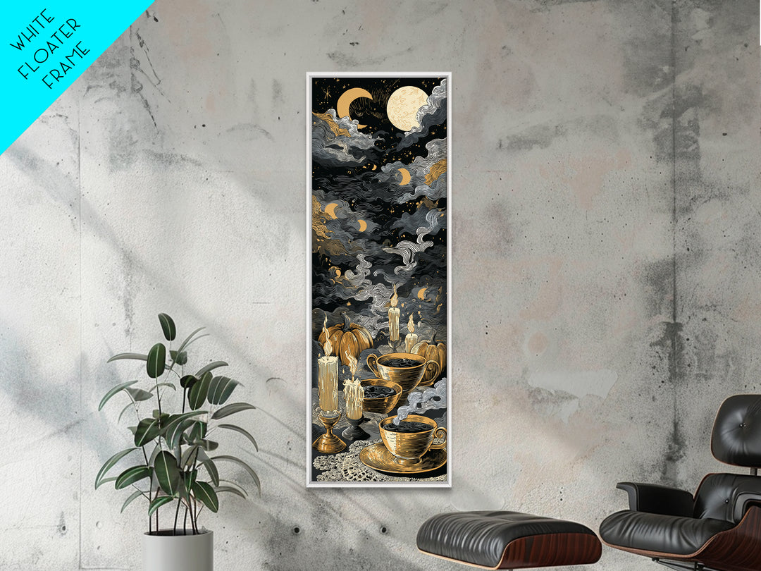 The Haunted Teacup Seance - Surreal Celestial Vision, Macabre Halloween Art, Tall Narrow Wall Art, Framed Canvas Print, Halloween Home Decor