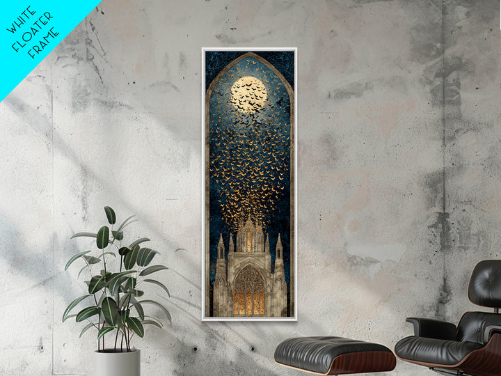The Golden Bat Swarm - Icon Portrait, Macabre Halloween Art, Tall Narrow Wall Art, Framed Canvas Print, Halloween Home Decor