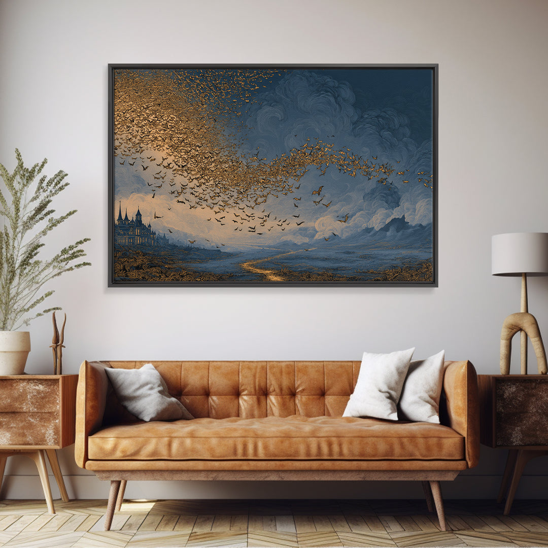 The Golden Bat Swarm - Environmental Panorama, Spooky Wall Decor, Landscape Wall Art, Framed Canvas Print, Halloween Home Decor