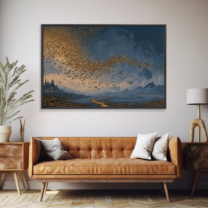 The Golden Bat Swarm - Environmental Panorama, Spooky Wall Decor, Landscape Wall Art, Framed Canvas Print, Halloween Home Decor