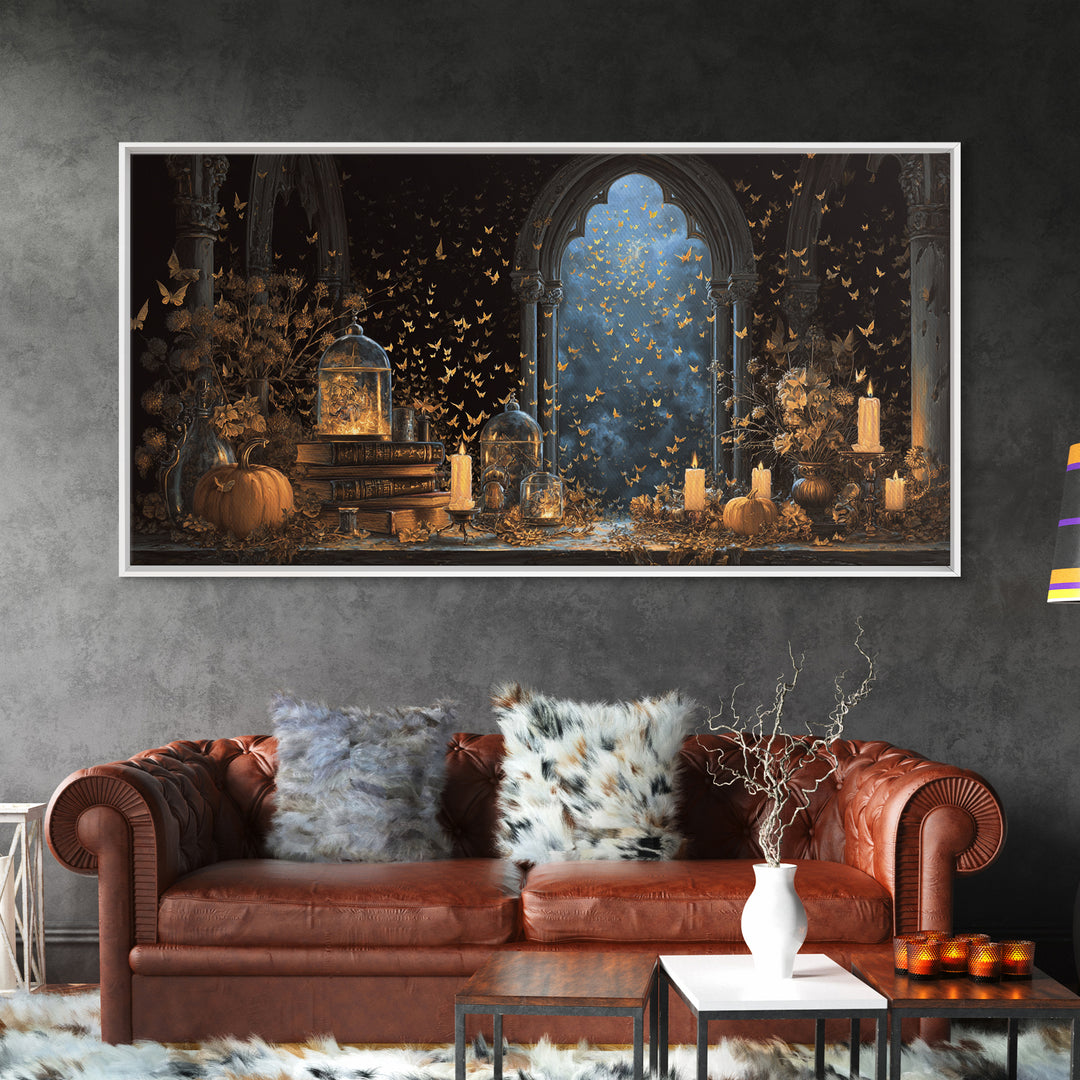 The Golden Bat Swarm - Occult Still Life, Gothic Home Decor, Wide Panoramic Art, Canvas Print, Halloween Home Decor, Gothic Wall Art