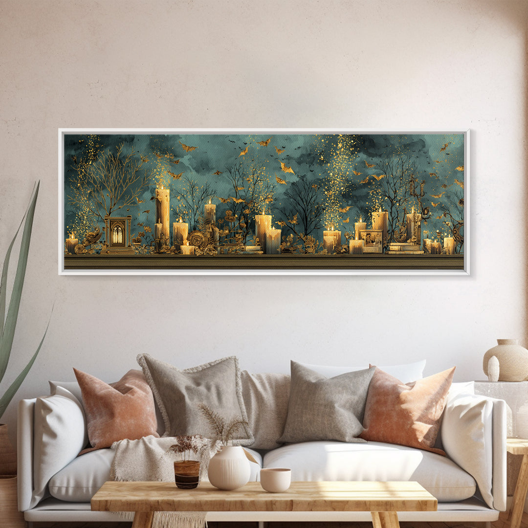 The Golden Bat Swarm - Occult Still Life, Macabre Halloween Art, Extra Wide Wall Art, Framed Canvas Print, Halloween Home Decor
