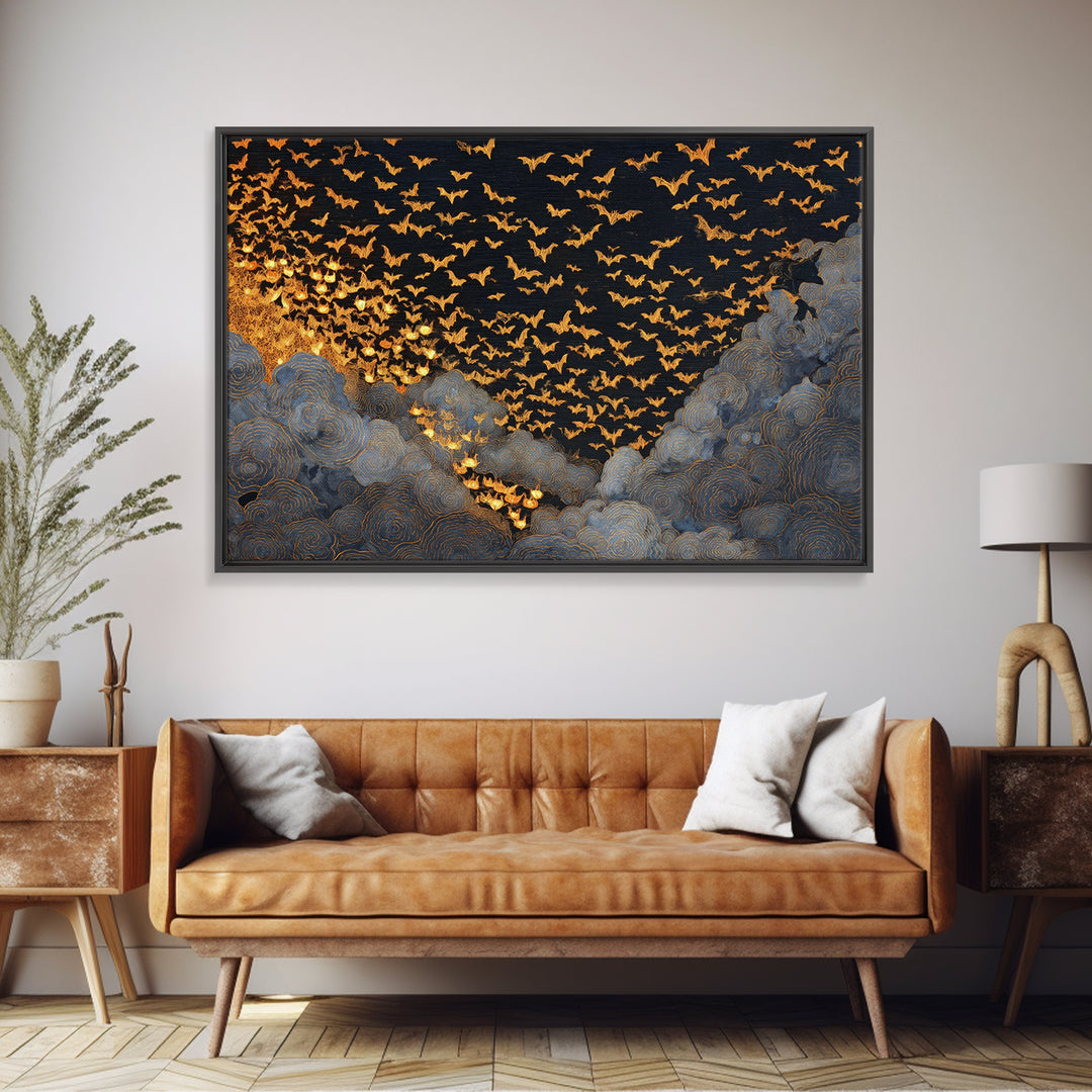 The Golden Bat Swarm - Procession Scene, Spooky Wall Decor, Landscape Wall Art, Framed Canvas Print, Halloween Home Decor, Gothic Wall Art