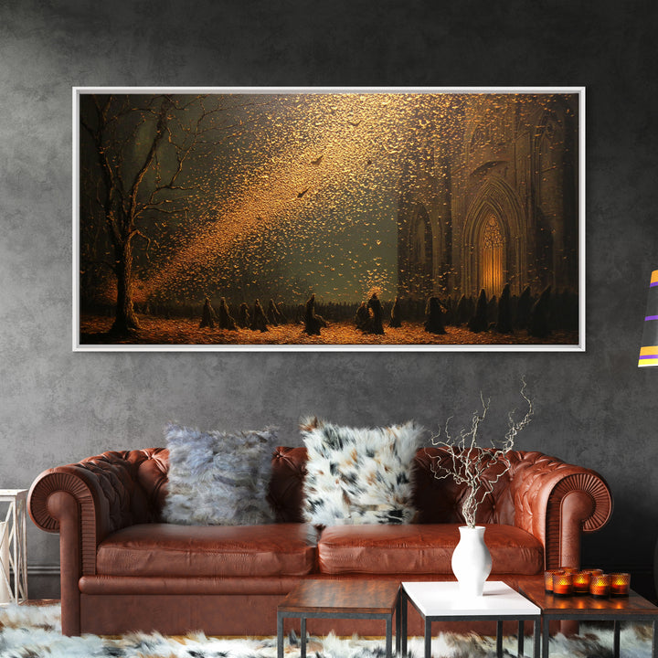 The Golden Bat Swarm - Procession Scene, Occult Wall Decor, Wide Panoramic Art, Canvas Print, Halloween Home Decor, Gothic Wall Art