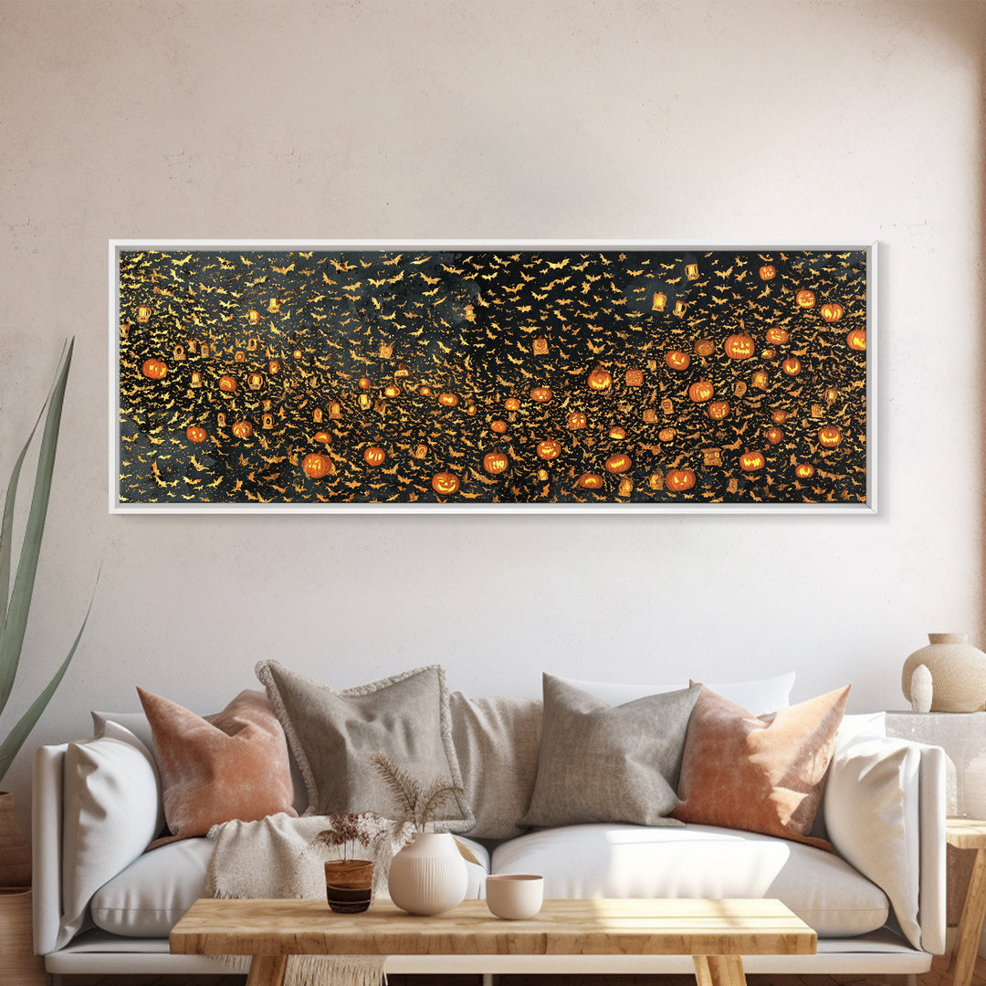 The Golden Bat Swarm - Procession Scene, Gothic Home Decor, Extra Wide Wall Art, Canvas Print, Halloween Home Decor, Gothic Wall Art