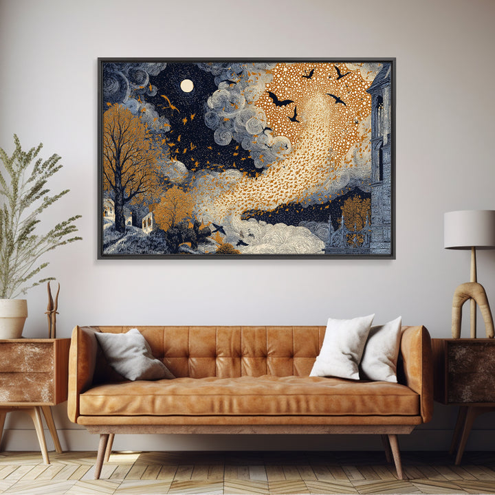 The Golden Bat Swarm - Surreal Celestial Vision, Occult Wall Decor, Landscape Wall Art, Canvas Print, Halloween Home Decor, Gothic Wall Art