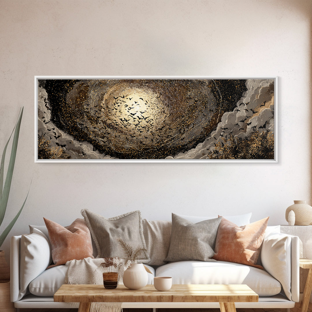 The Golden Bat Swarm - Surreal Celestial Vision, Gothic Home Decor, Extra Wide Wall Art, Canvas Print, Halloween Home Decor, Gothic Wall Art