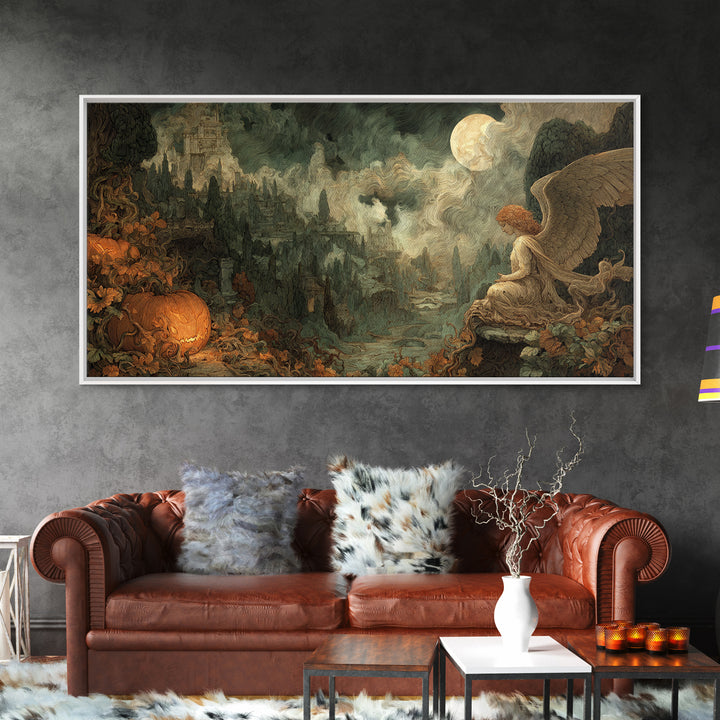 The Pumpkin-Winged Angel - Environmental Panorama, Dark Fantasy Wall Art, Wide Panoramic Art, Canvas Print, Halloween Home Decor