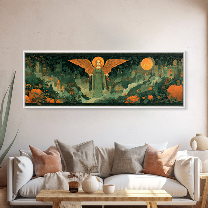 The Pumpkin-Winged Angel - Environmental Panorama, Occult Wall Decor, Extra Wide Wall Art, Canvas Print, Halloween Home Decor