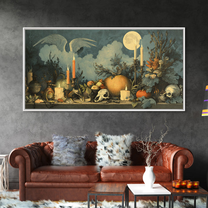 The Pumpkin-Winged Angel - Occult Still Life, Spooky Wall Decor, Wide Panoramic Art, Framed Canvas Print, Halloween Home Decor