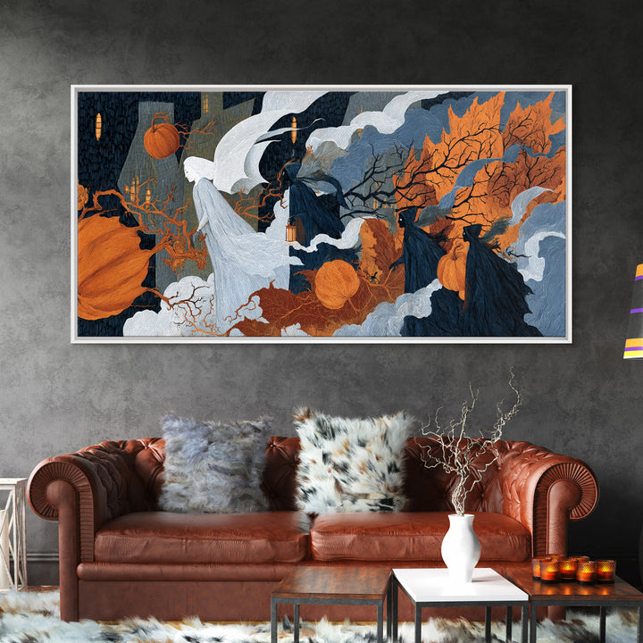 The Pumpkin-Winged Angel - Procession Scene, Macabre Halloween Art, Wide Panoramic Art, Framed Canvas Print, Halloween Home Decor