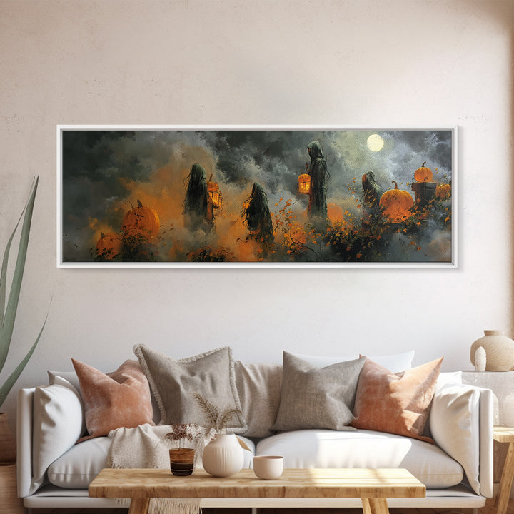 The Pumpkin-Winged Angel - Procession Scene, Macabre Halloween Art, Extra Wide Wall Art, Framed Canvas Print, Halloween Home Decor