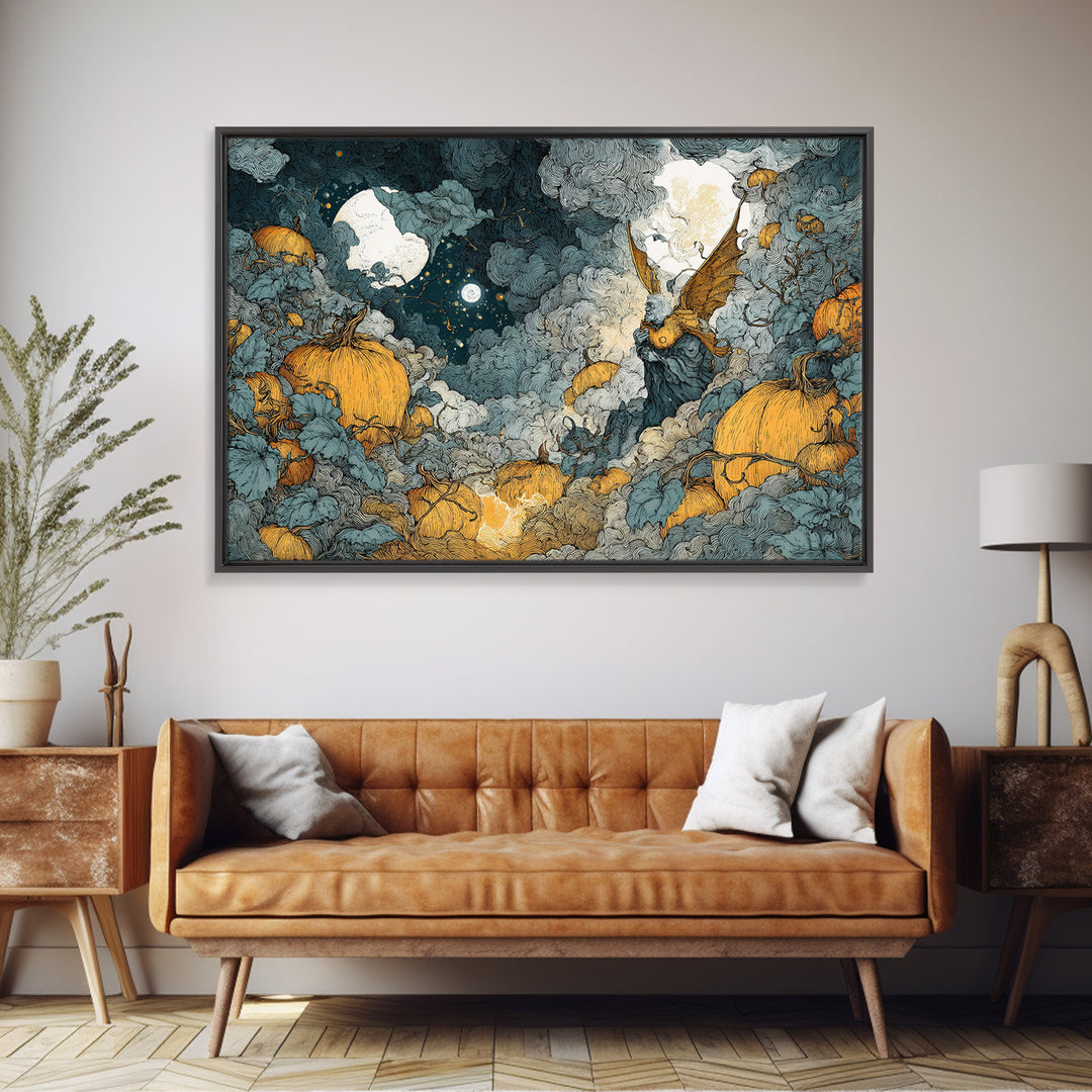 The Pumpkin-Winged Angel - Surreal Celestial Vision, Spooky Wall Decor, Landscape Wall Art, Framed Canvas Print, Halloween Home Decor