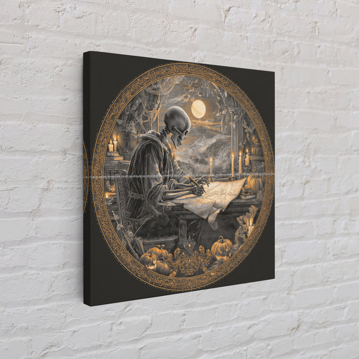 The Skeleton Cartographer - Icon Portrait, Macabre Halloween Art, Square Wall Art, Framed Canvas Print, Halloween Home Decor