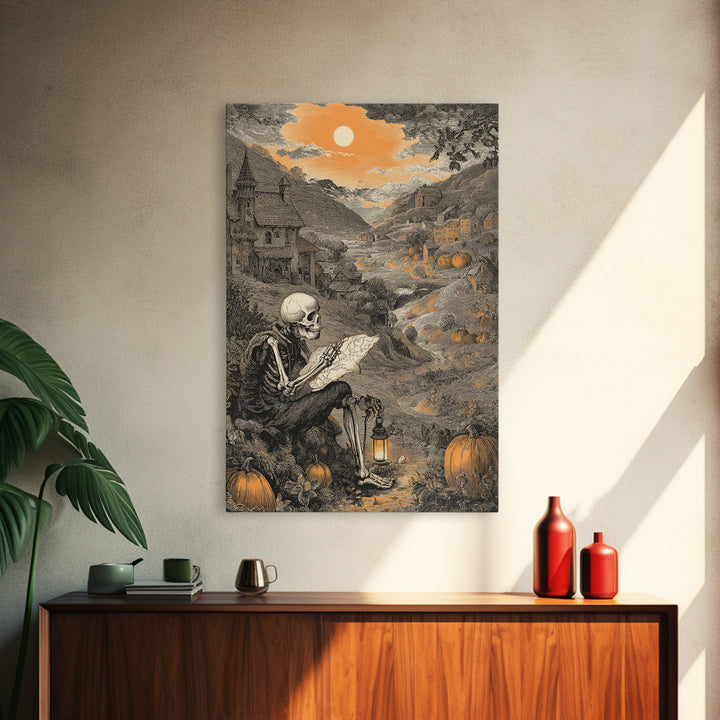 The Skeleton Cartographer - Environmental Panorama, Gothic Home Decor, Vertical Wall Art, Canvas Print, Halloween Home Decor