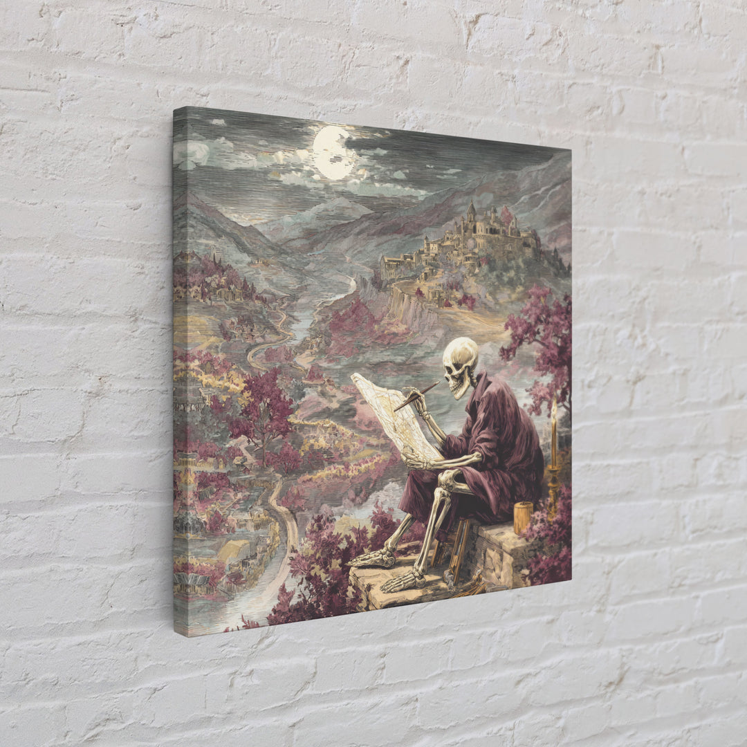 The Skeleton Cartographer - Environmental Panorama, Halloween Wall Art, Square Wall Art, Framed Canvas Print, Halloween Home Decor