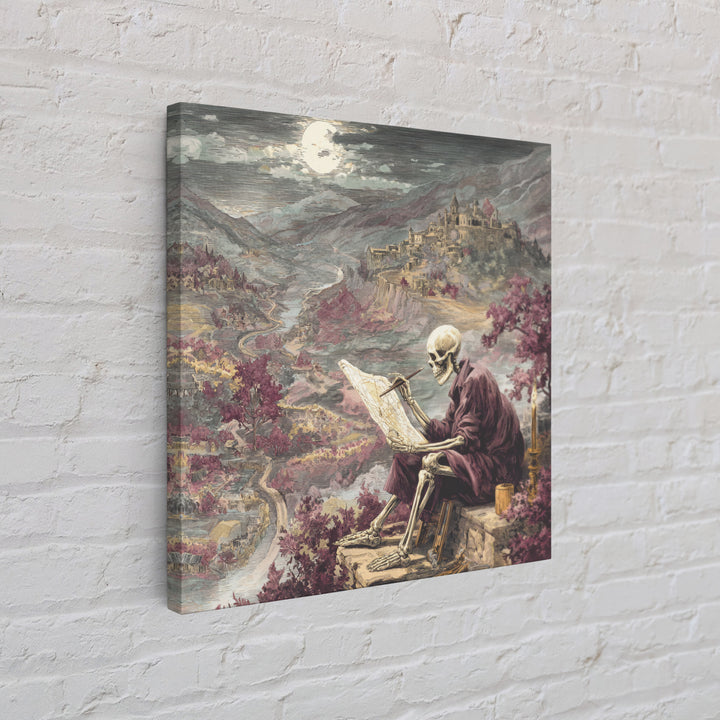 The Skeleton Cartographer - Environmental Panorama, Halloween Wall Art, Square Wall Art, Framed Canvas Print, Halloween Home Decor