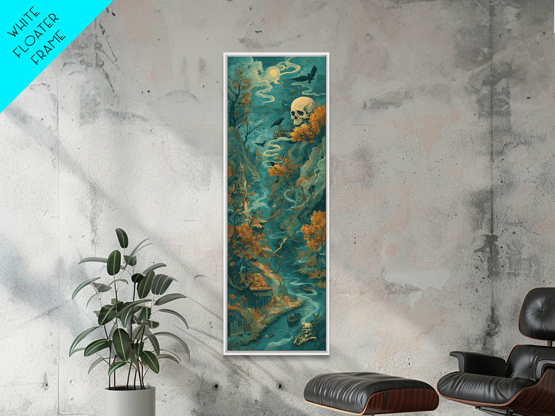 The Skeleton Cartographer - Environmental Panorama, Dark Fantasy Wall Art, Tall Narrow Wall Art, Canvas Print, Halloween Home Decor