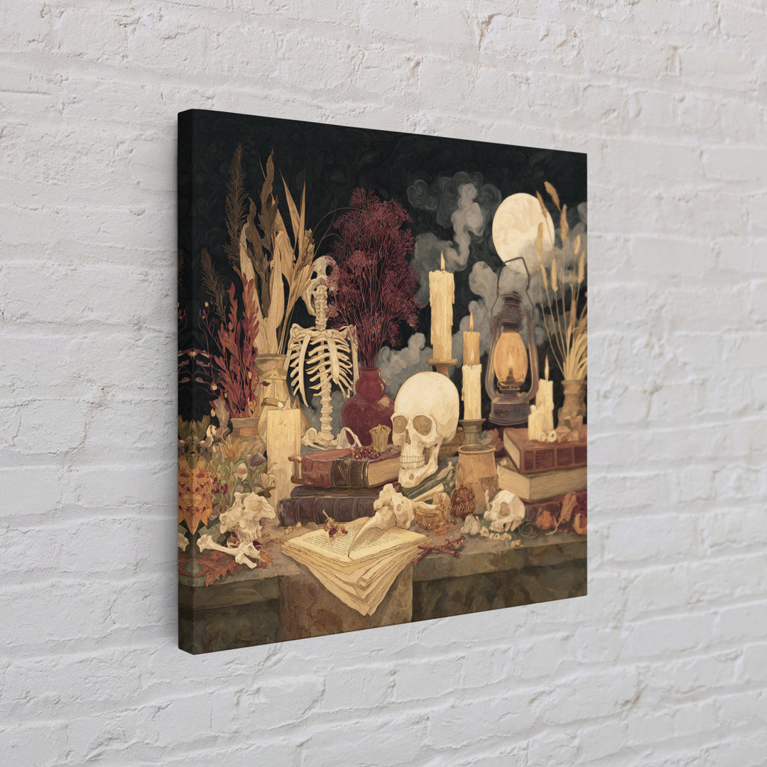 The Skeleton Cartographer - Occult Still Life, Macabre Halloween Art, Square Wall Art, Framed Canvas Print, Halloween Home Decor